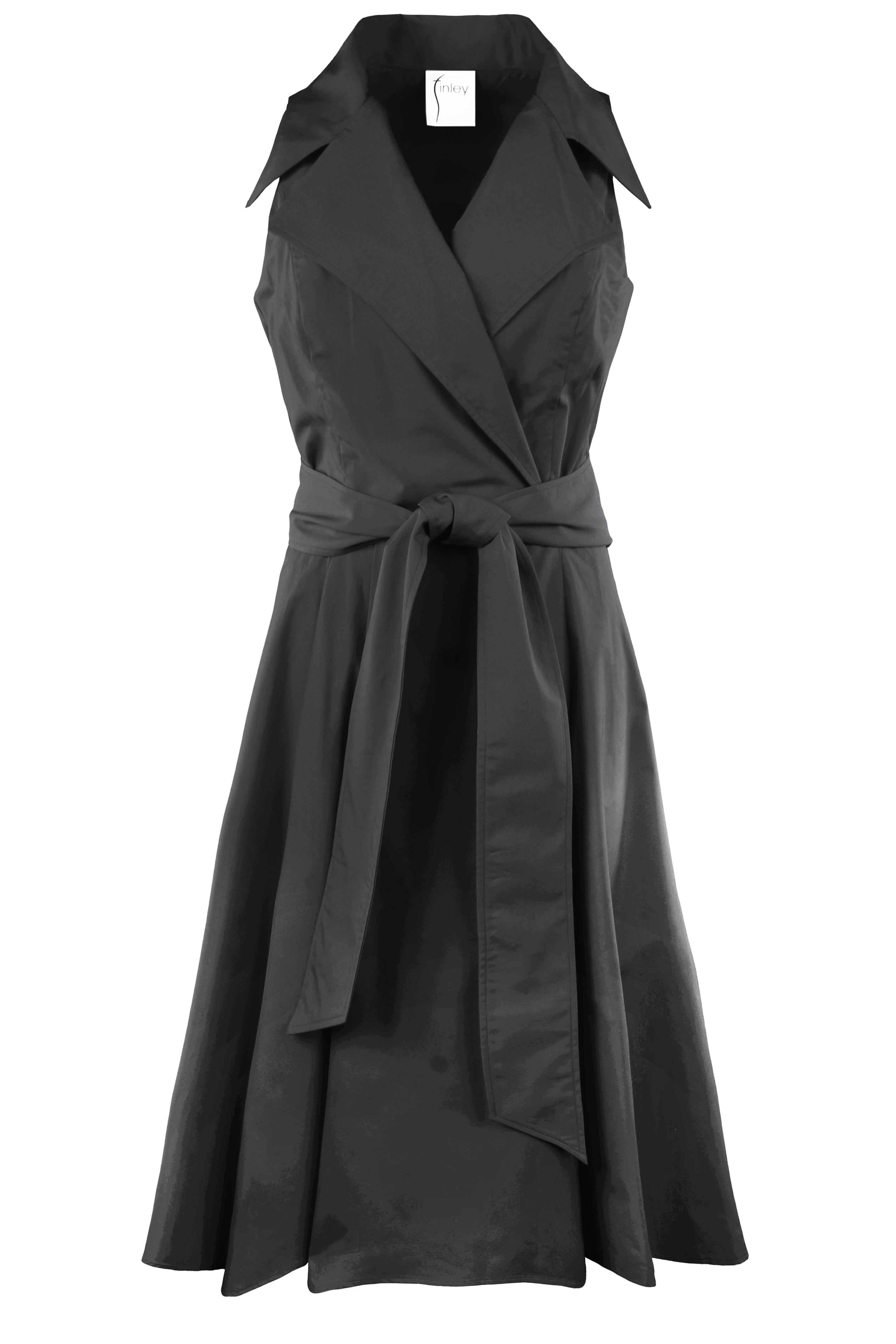 Front view of finley light-colored sleeveless tie front dress in black typewriter cloth