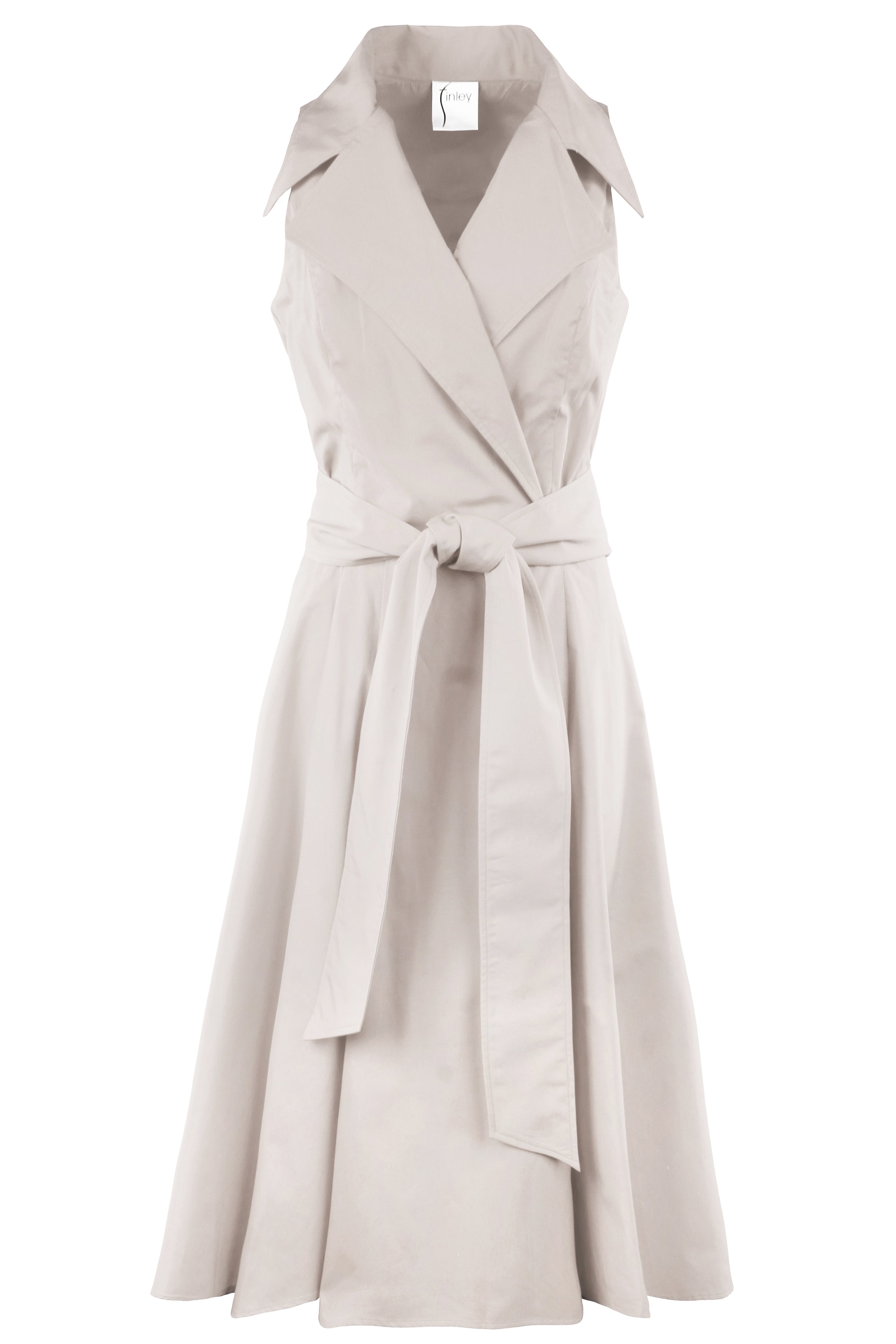 Front view of finley light-colored sleeveless tie front dress