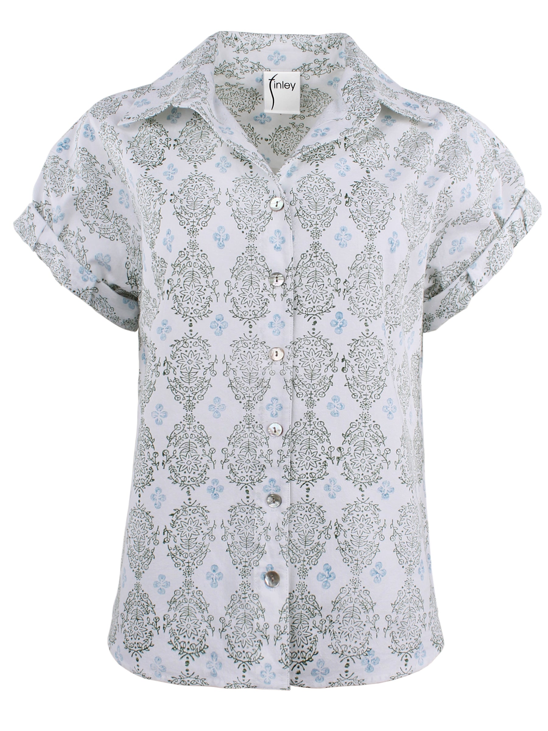 Front view of Finley camp shirt: hand-blocked blue and green cotton, spread collar, button front, pleated rolled cuffs.
