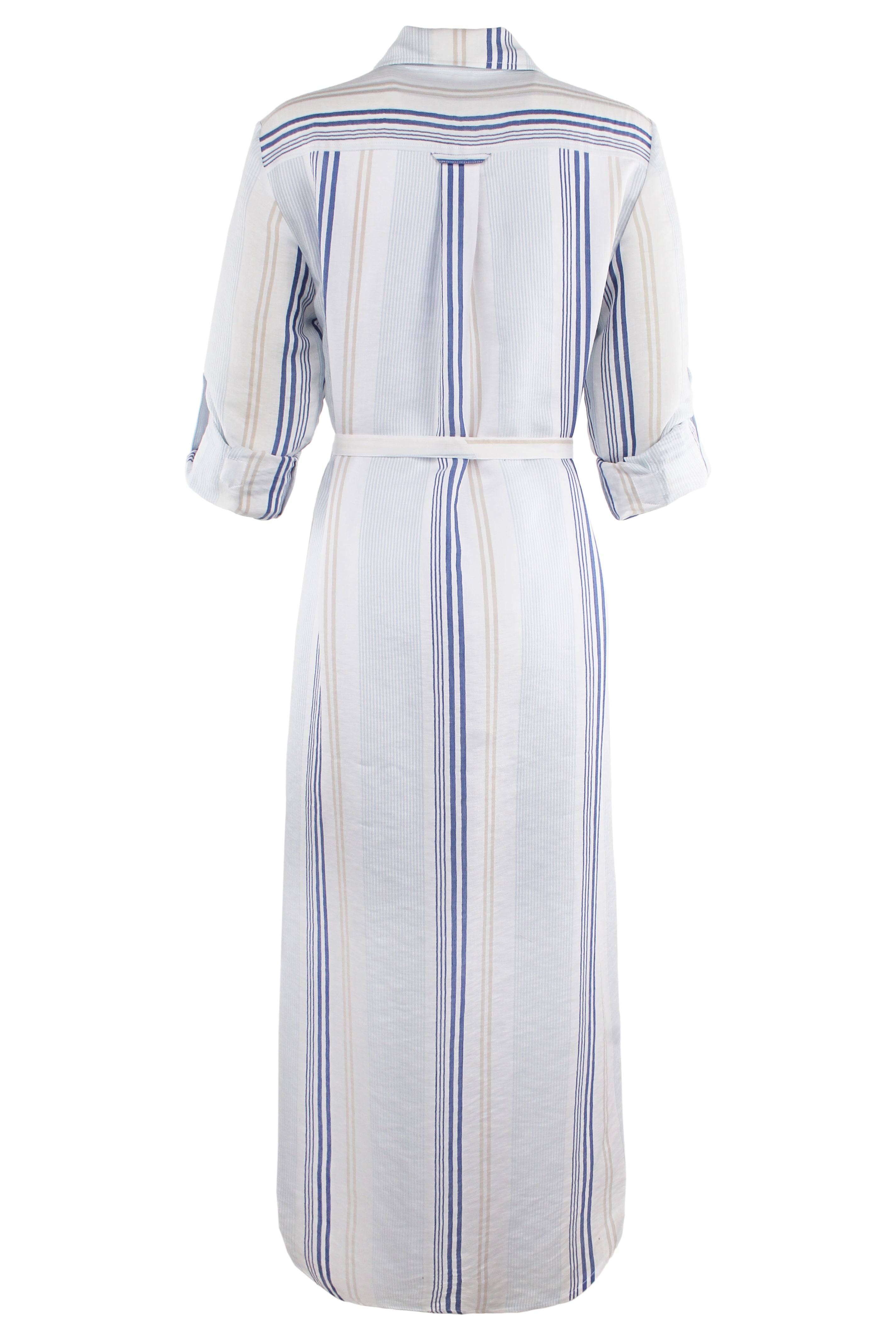 A back view of the Alex maxi dress in blue voile stripe, showcasing its flowy A-line design.