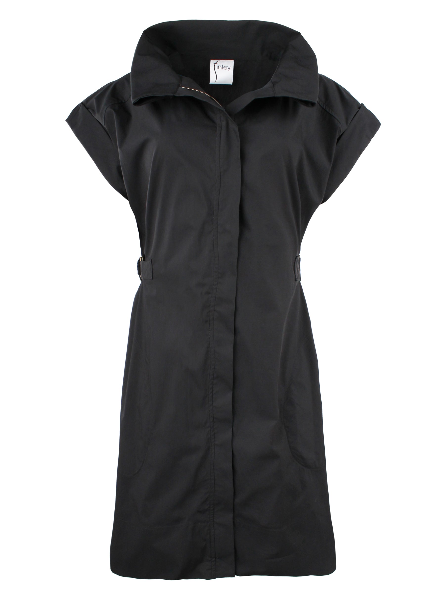 Black front zip cap sleeve knee length silhouette midi shirt dress, front view