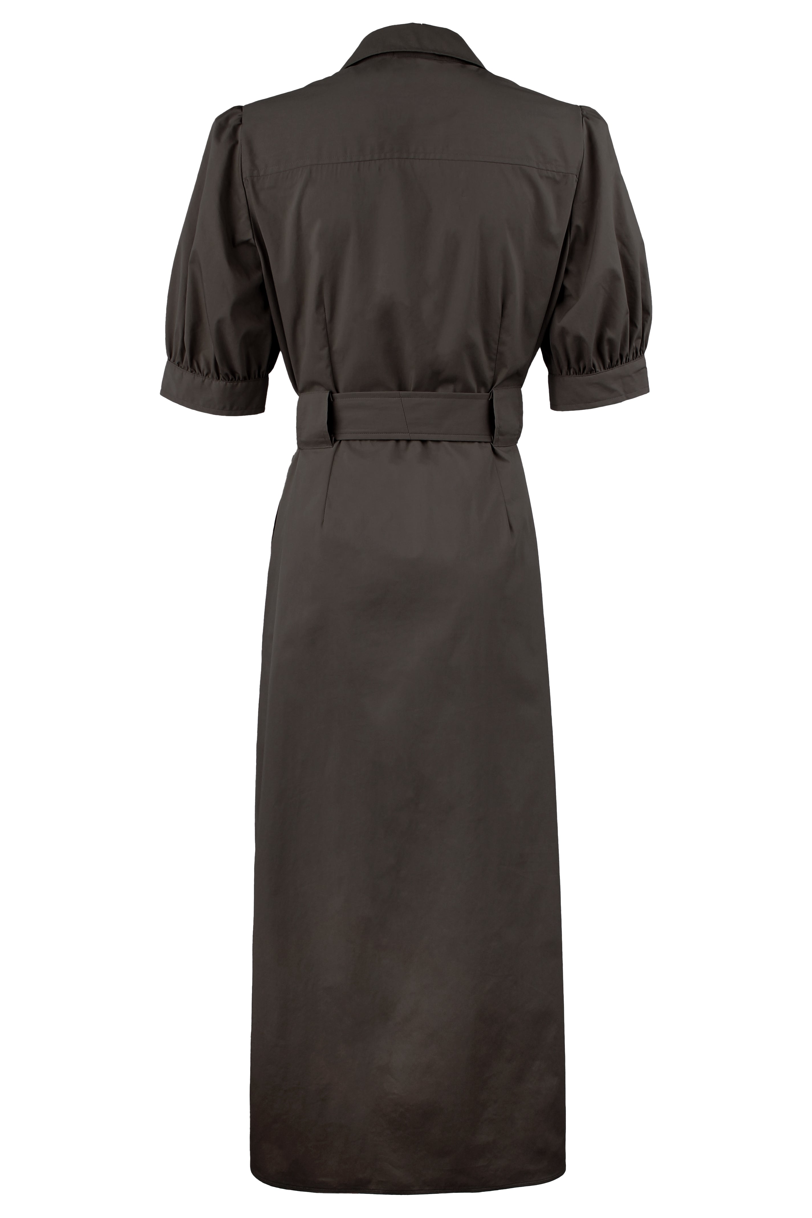 Rear view of the Finley Harper, a black tie front maxi shirt dress in weathercloth fabric.