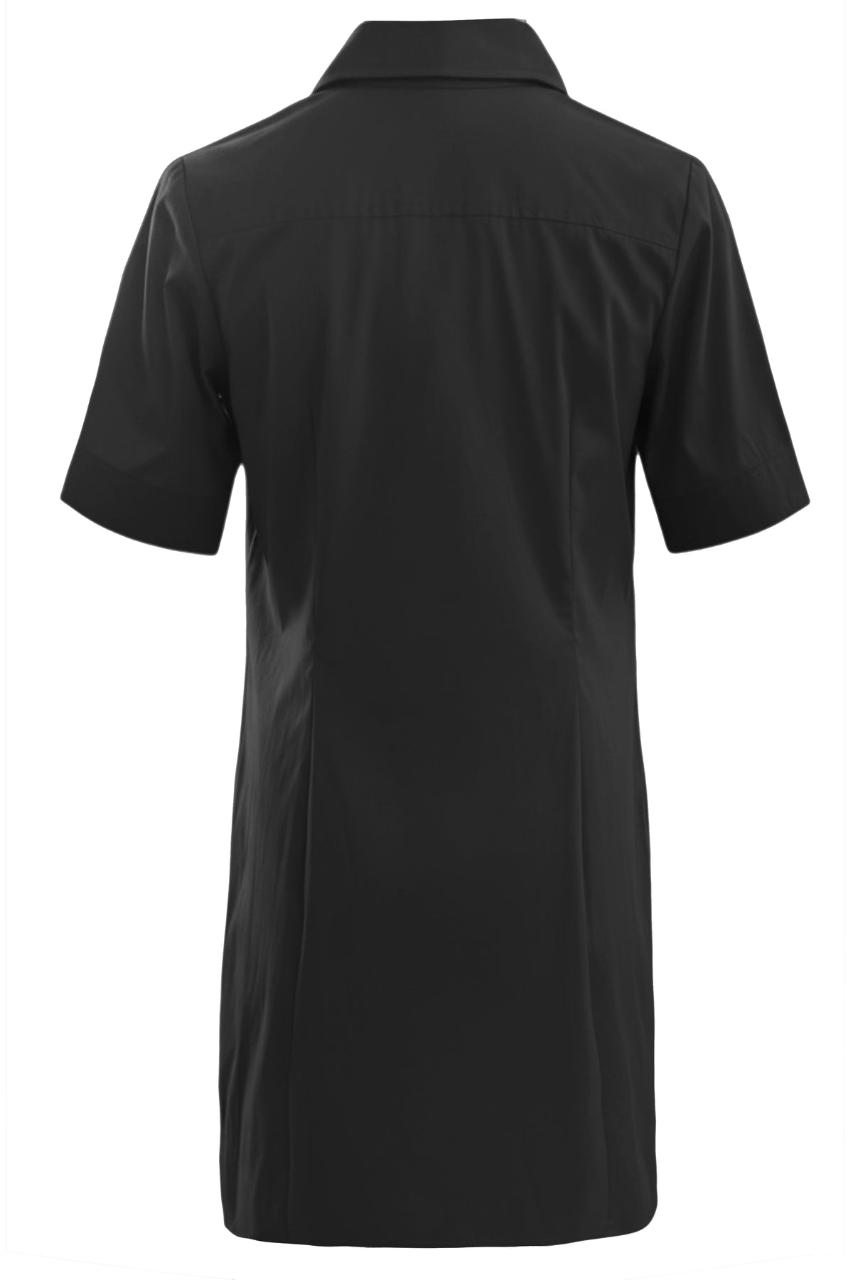 A black short-sleeve collared shirt shown from the back, photographed against a plain white background.