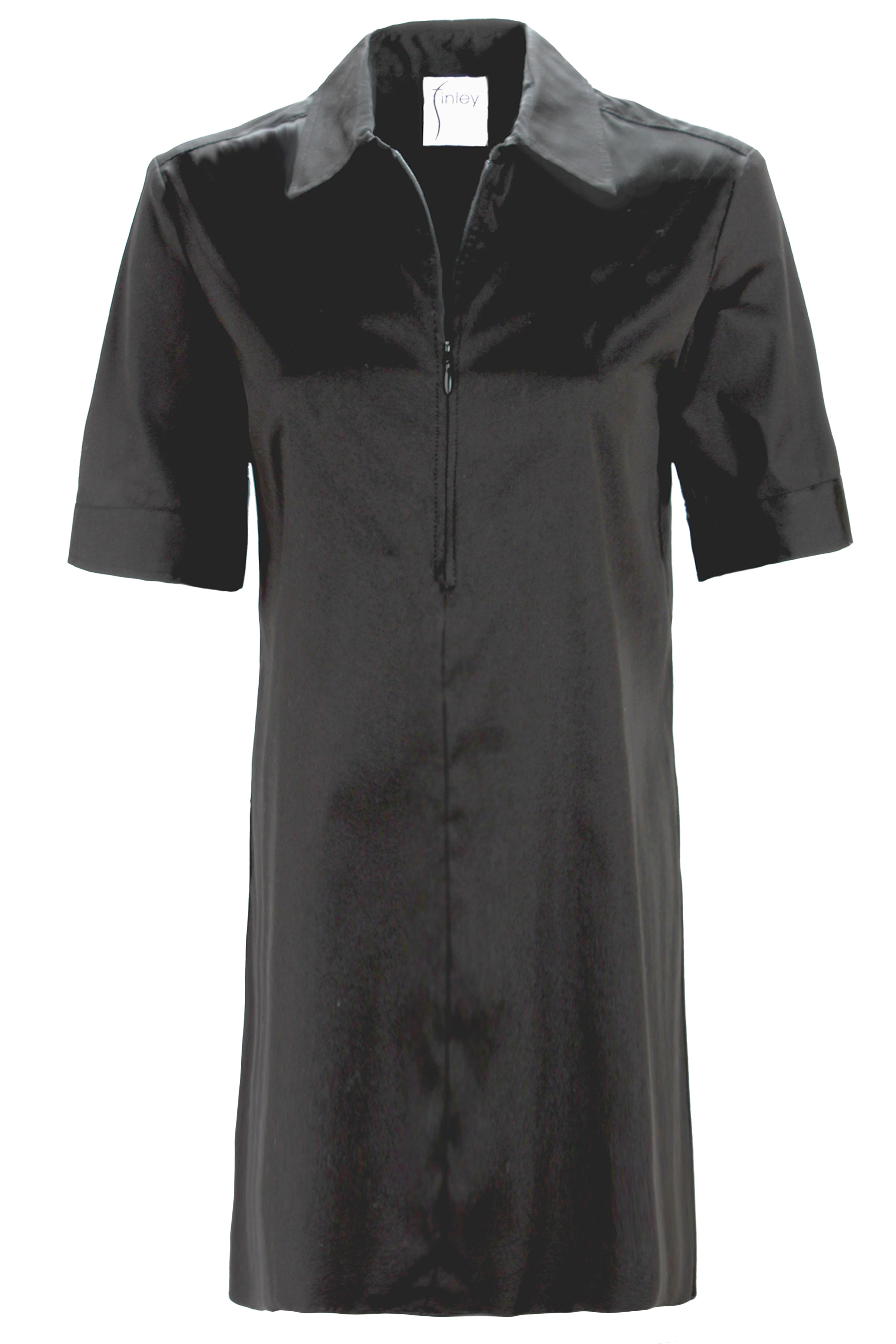 A black short-sleeve collared dress with a half-zip front, displayed on a clean white background.