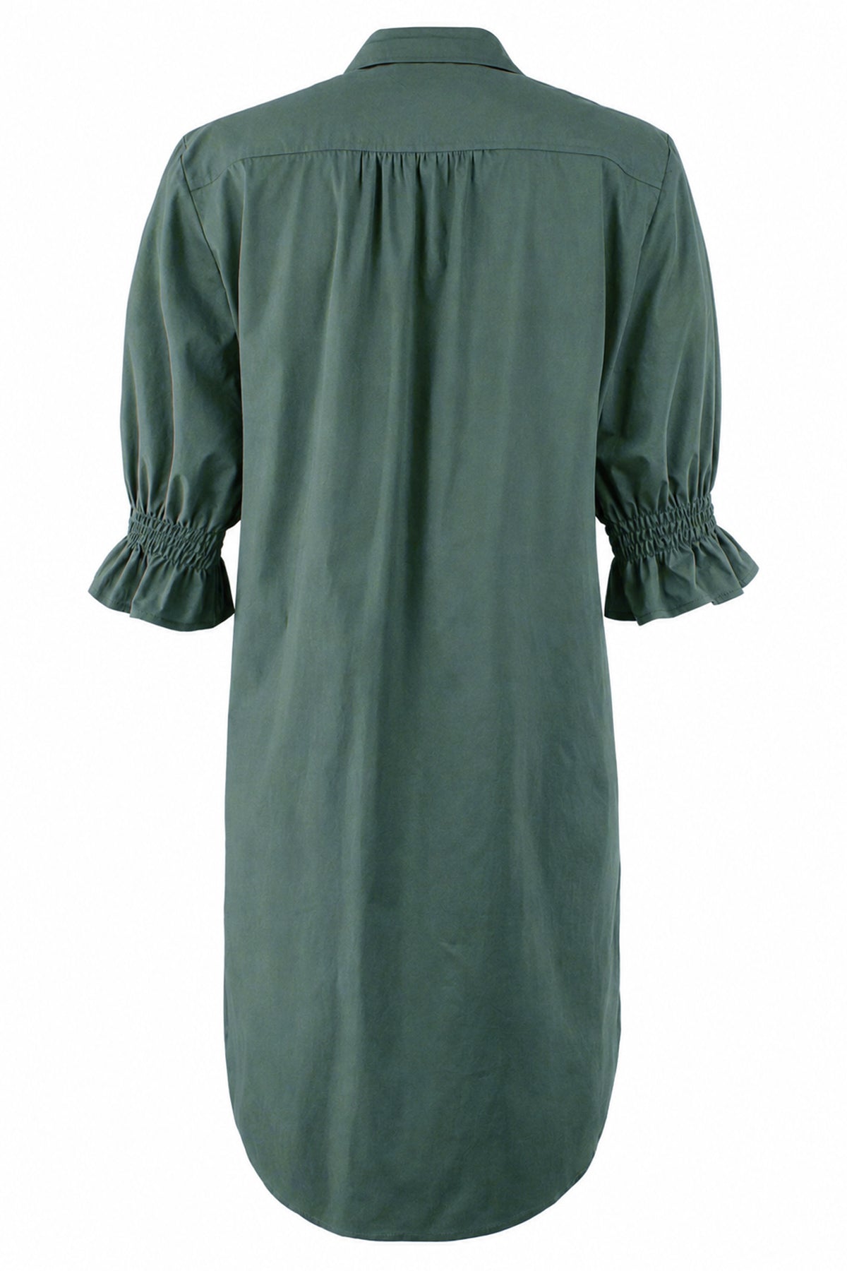 A dark green long-sleeve shirt dress with gathered, smocked cuffs and a pleated back, shown from the back on a white background.