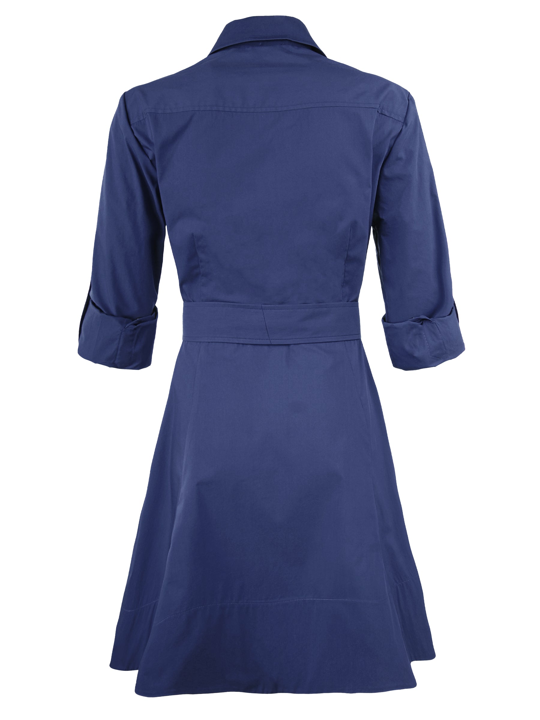 rear view of the finley laine dress, a navy blue weathercloth knee length tie front shirt dress with tab sleeves.