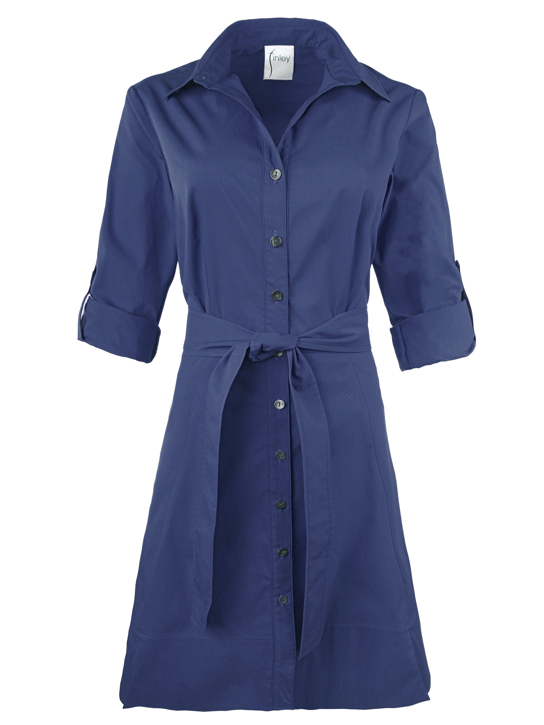 front view of the finley laine dress, a navy blue weathercloth knee length tie front shirt dress with tab sleeves.