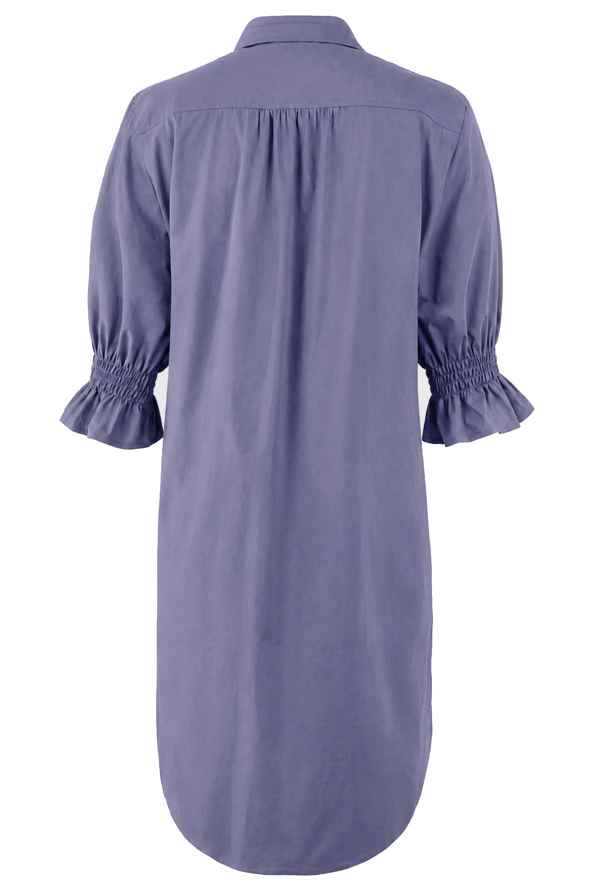 A lavender-purple shirt dress shown from the back, featuring a pleated back, three-quarter length sleeves with elasticized ruffled cuffs, and a curved hem, set against a plain white background.