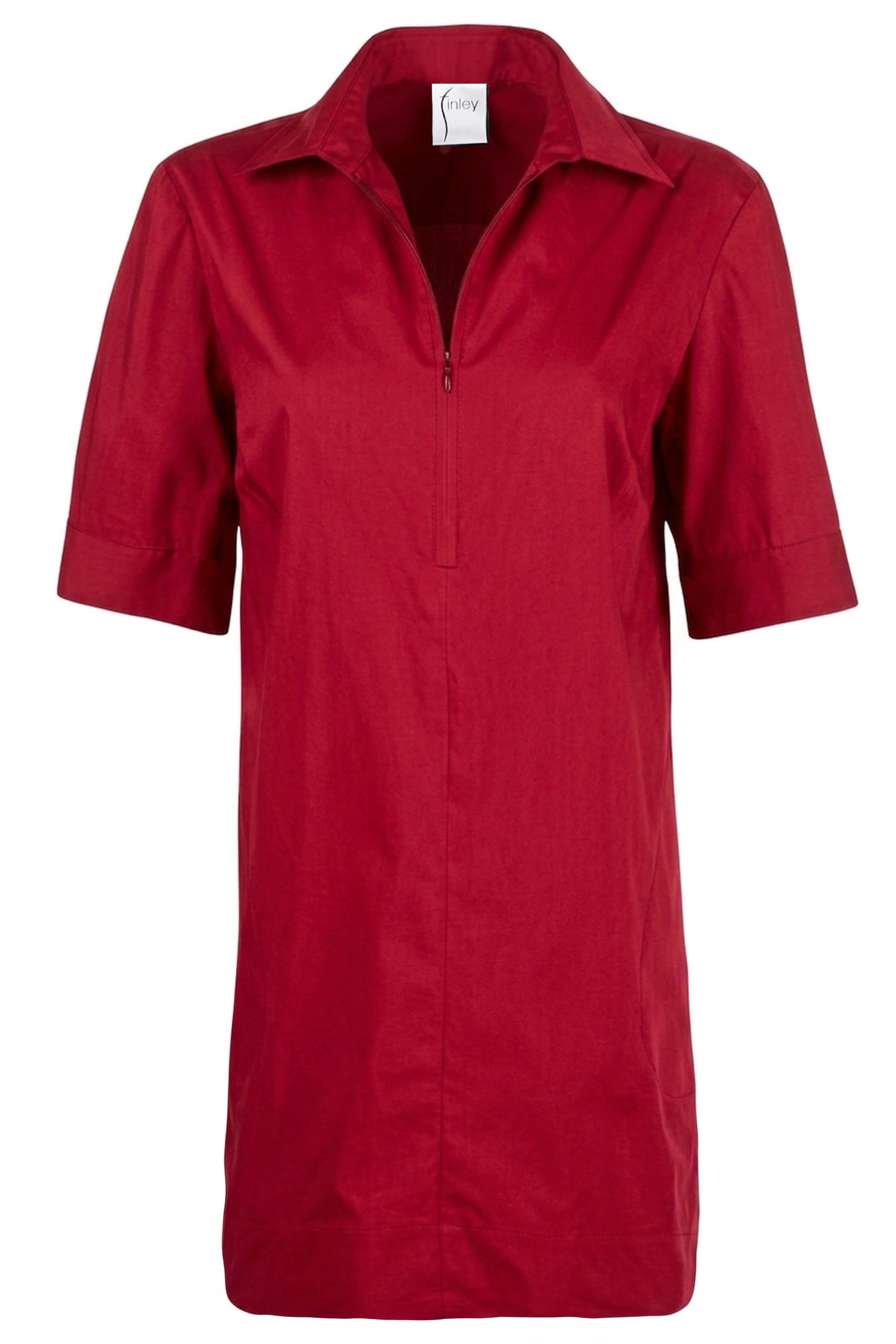 A red short-sleeve collared shirt dress with a half-zip front, shown on a plain white background.