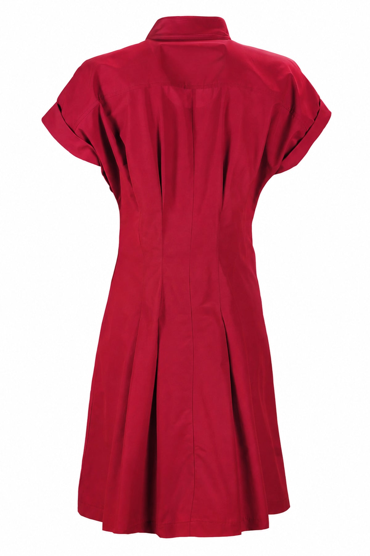 A red short-sleeve collared dress shown from the back, featuring a pleated back design and a flared skirt, set against a plain white background.