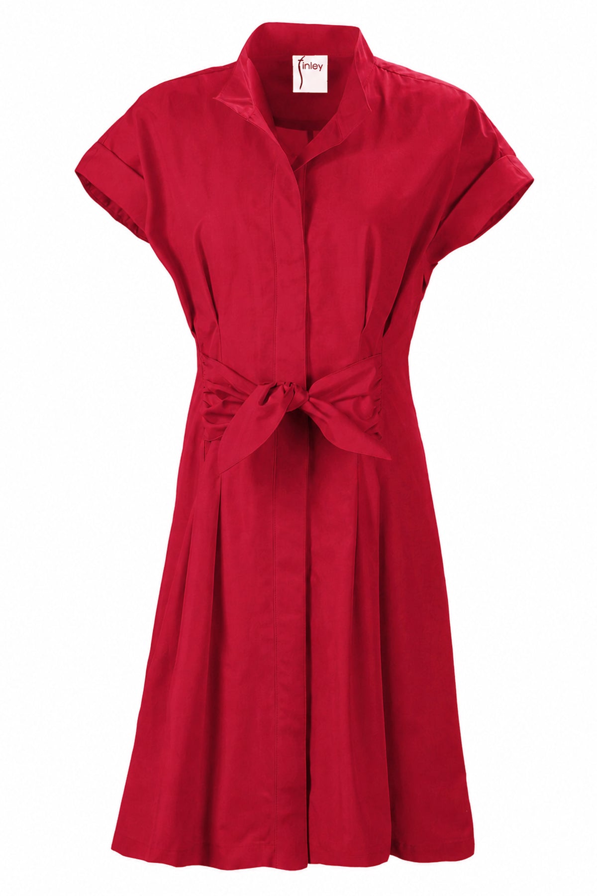 A red short-sleeve collared shirt dress with a matching waist tie, shown against a plain white background.