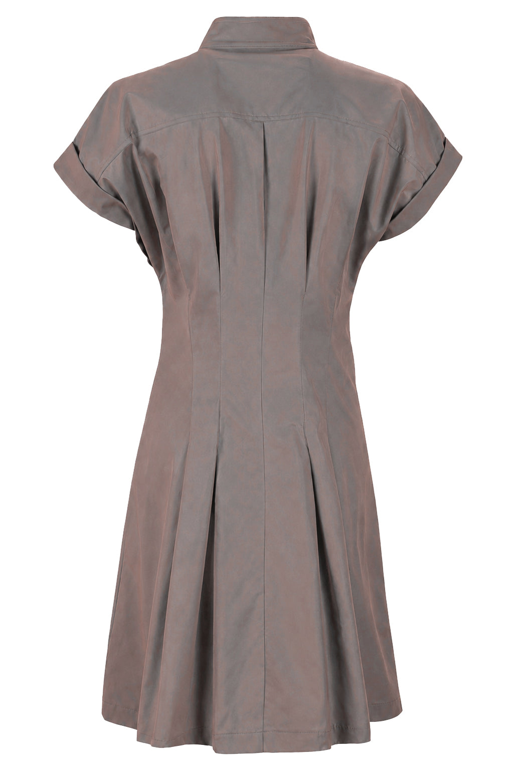 A short-sleeve utility-style dress shown from the back, featuring a high collar, shoulder seam details, and a pleated back panel, in a muted taupe-brown color against a plain white background.