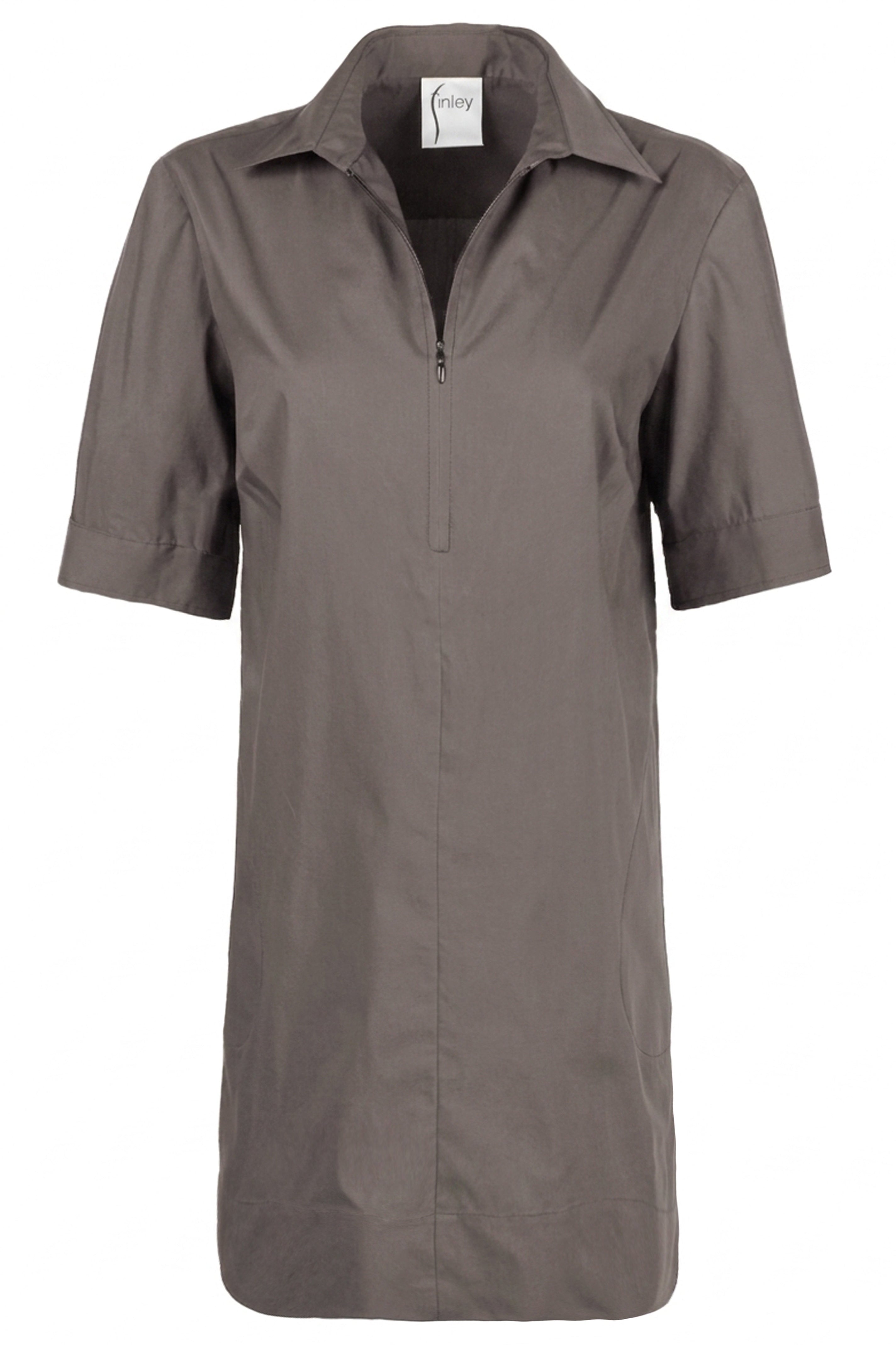 A short-sleeve collared shirt dress in a solid taupe-brown color, featuring a half-zip neckline and a button closure at the waist, shown against a plain white background.
