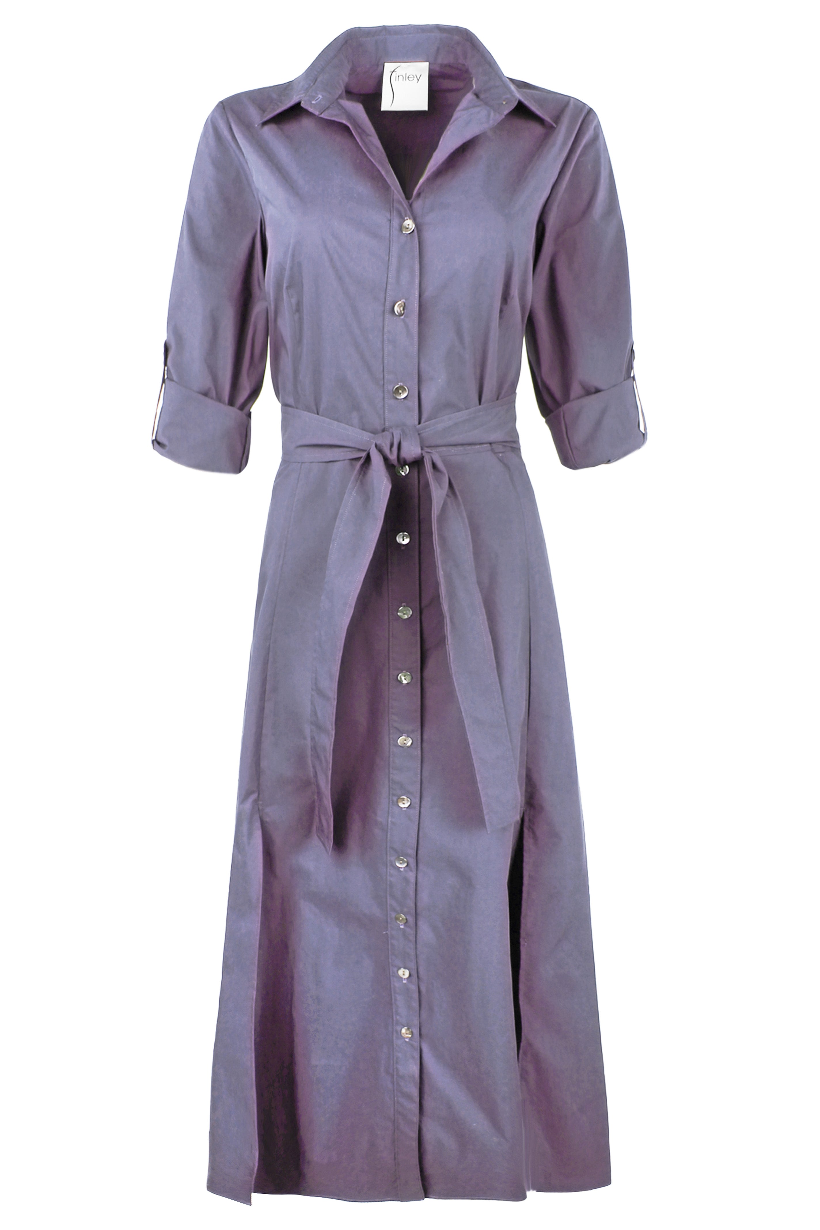 A dusty purple button-down shirt dress with three-quarter sleeves, a matching tie belt, and a front button placket, shown against a plain white background.