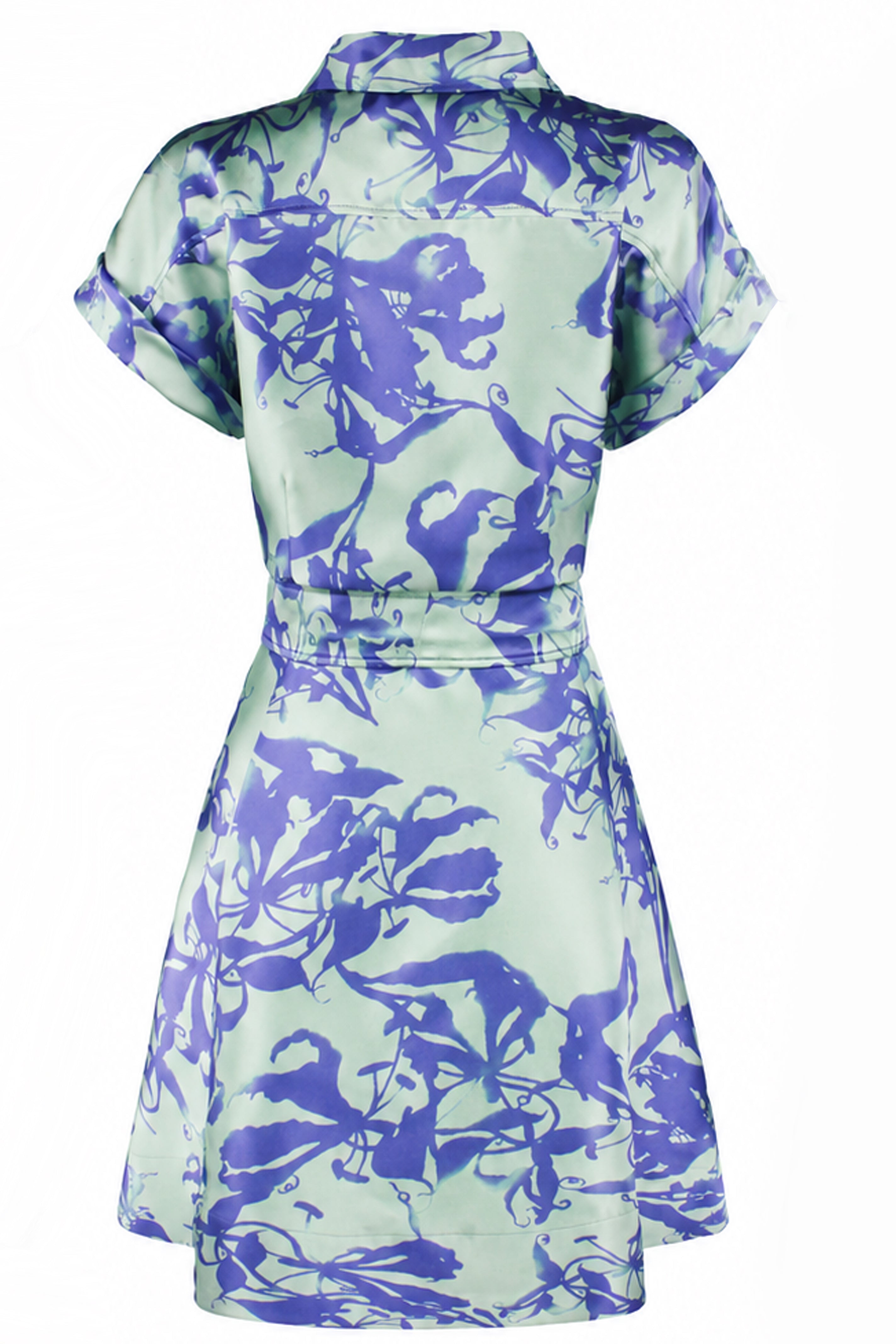 Floral dress with blue and green pattern on a white background