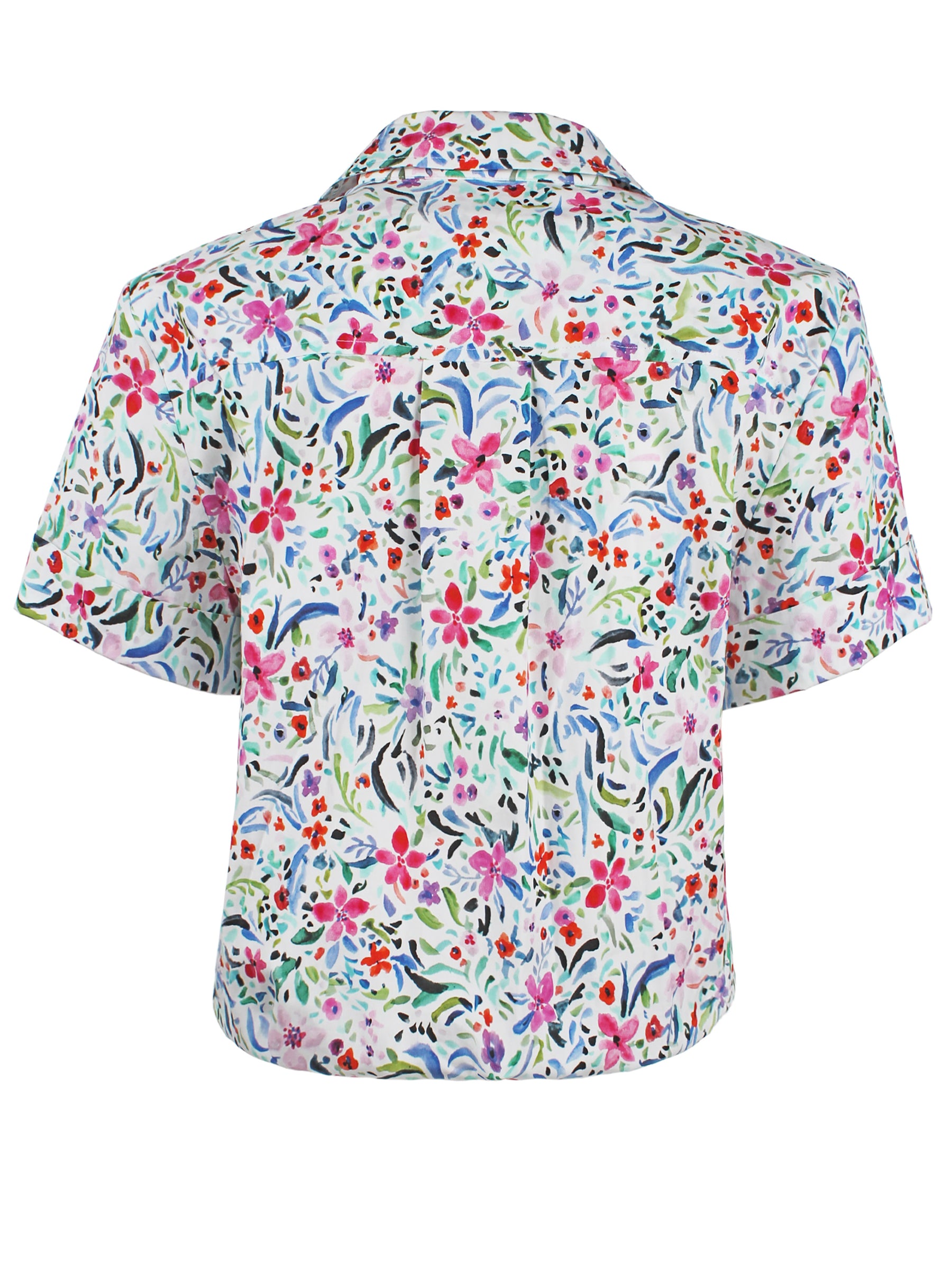 Back view of Finley Alli floral print shirt with box-pleated back yoke and elasticized hem.