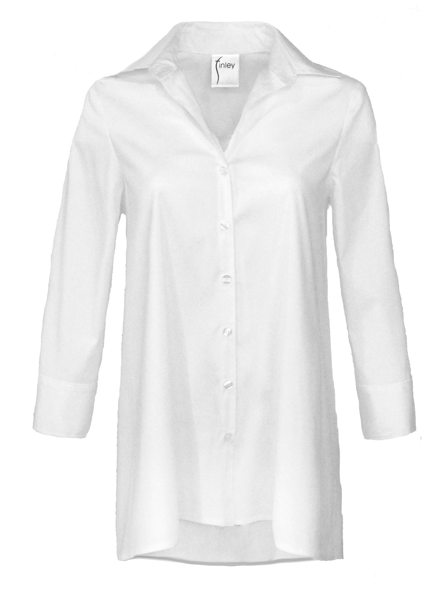 A front view of the trapeze top, a white 3/4 sleeve button-down casual blouse with an A-line shape and relaxed fit.