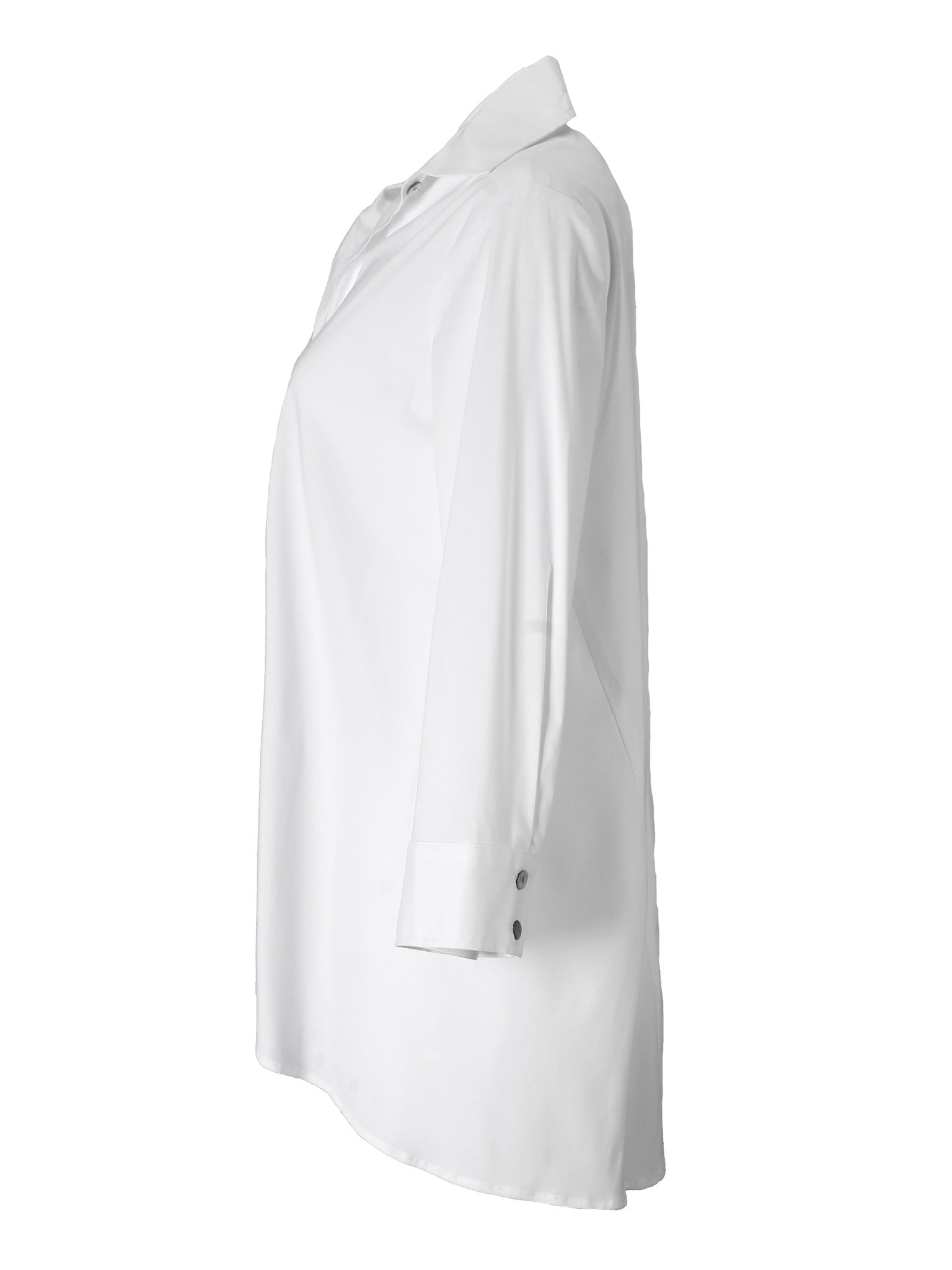 A front view of the trapeze top, a white 3/4 sleeve button-down casual blouse with an A-line shape and relaxed fit.