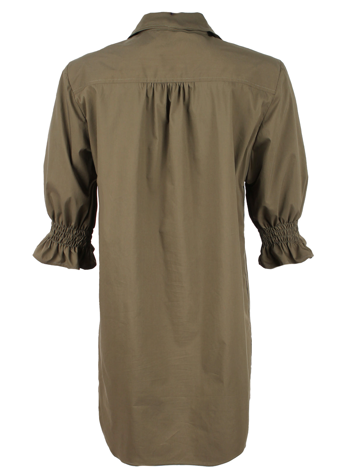 A back view of the Finley Miller dress, a puff sleeve olive green midi shirt dress with side pockets and a relaxed shape.