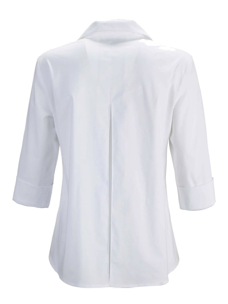 A rear view of The Finley swing shirt, a white 3/4 sleeve blouse with a turnback collar and a rear inverted pleat.