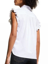 The Finley Byrdee blouse, a sleeveless lime green washed linen top with a casual relaxed fit and ruffle shoulder collar.