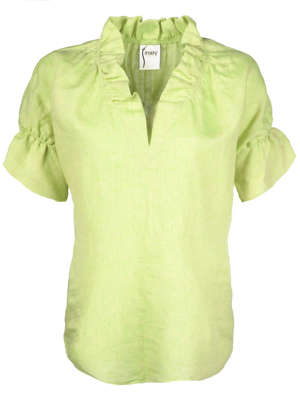 The Finley Crosby blouse, a key lime green short-sleeve casual washed linen blouse with ruffle collar and relaxed fit.