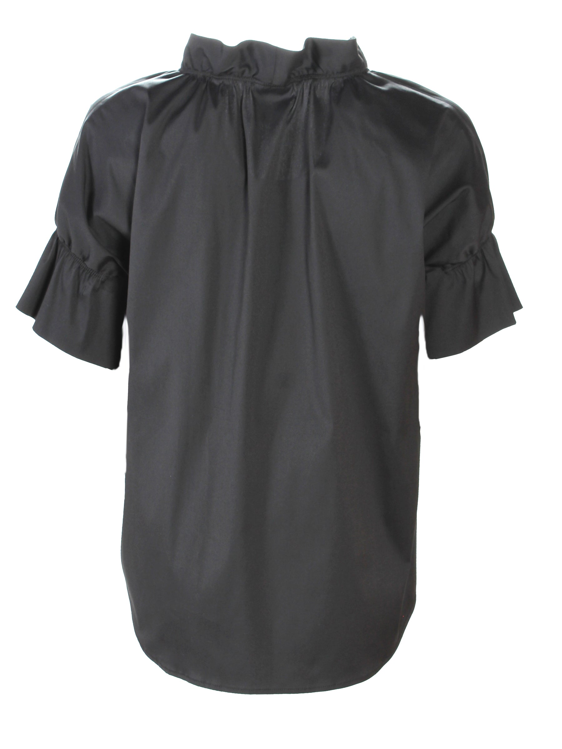 A profile view of the Finley Crosby shirt, a black poplin blouse with a ruffle collar and French sleeve detail.