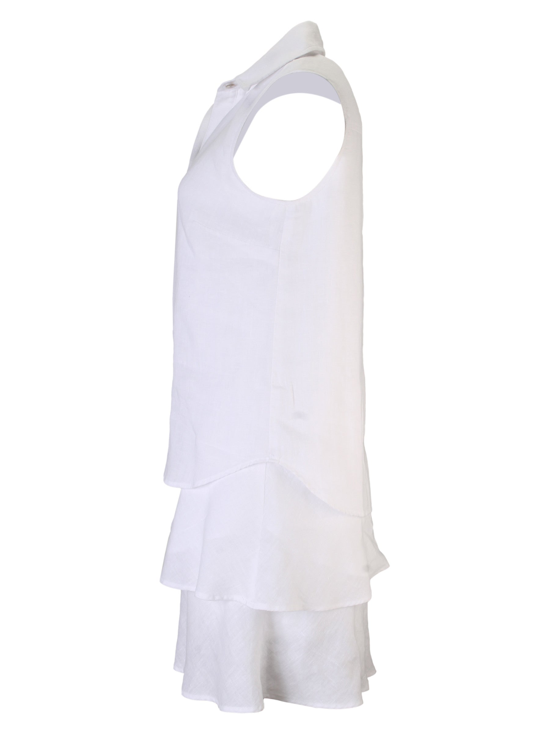 A front view of the Finley Jasmine dress, a white sleeveless washed linen shirt dress with French accents.