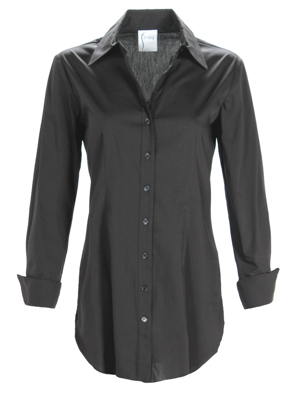 A front view of the Finley Kaylynn tunic, a black button-down tunic style blouse with French detailing.