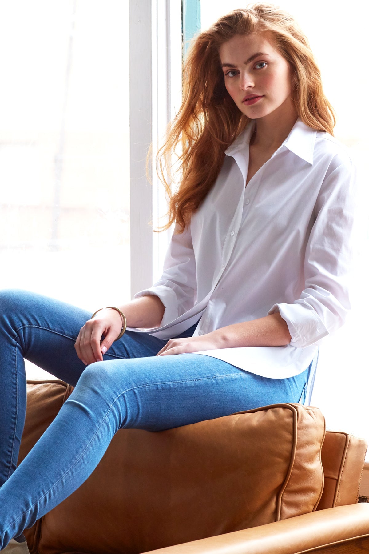 Casual White Shirt Blue Jeans Casual White Top Blue Jeans Ladies