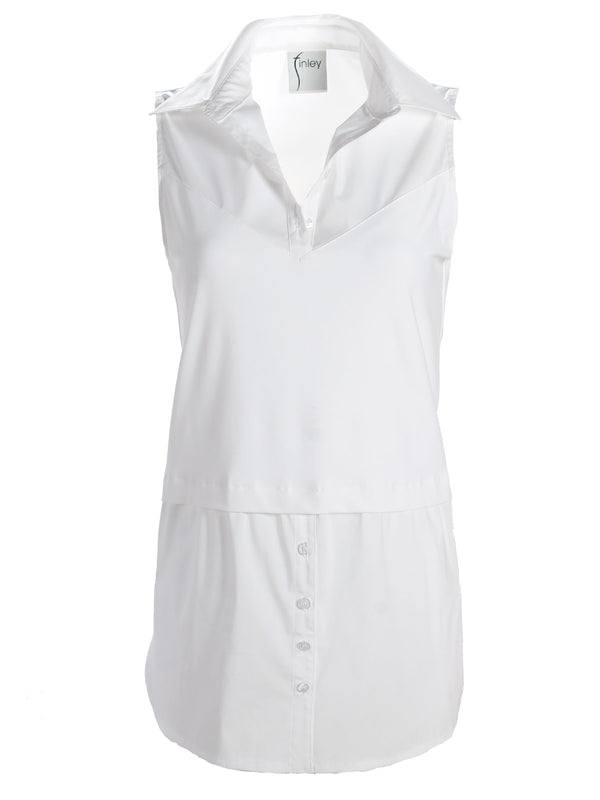 A front view of the Finley layering tank, a white sleeveless button-down blouse with a shirt tail hem and a knit bodice.