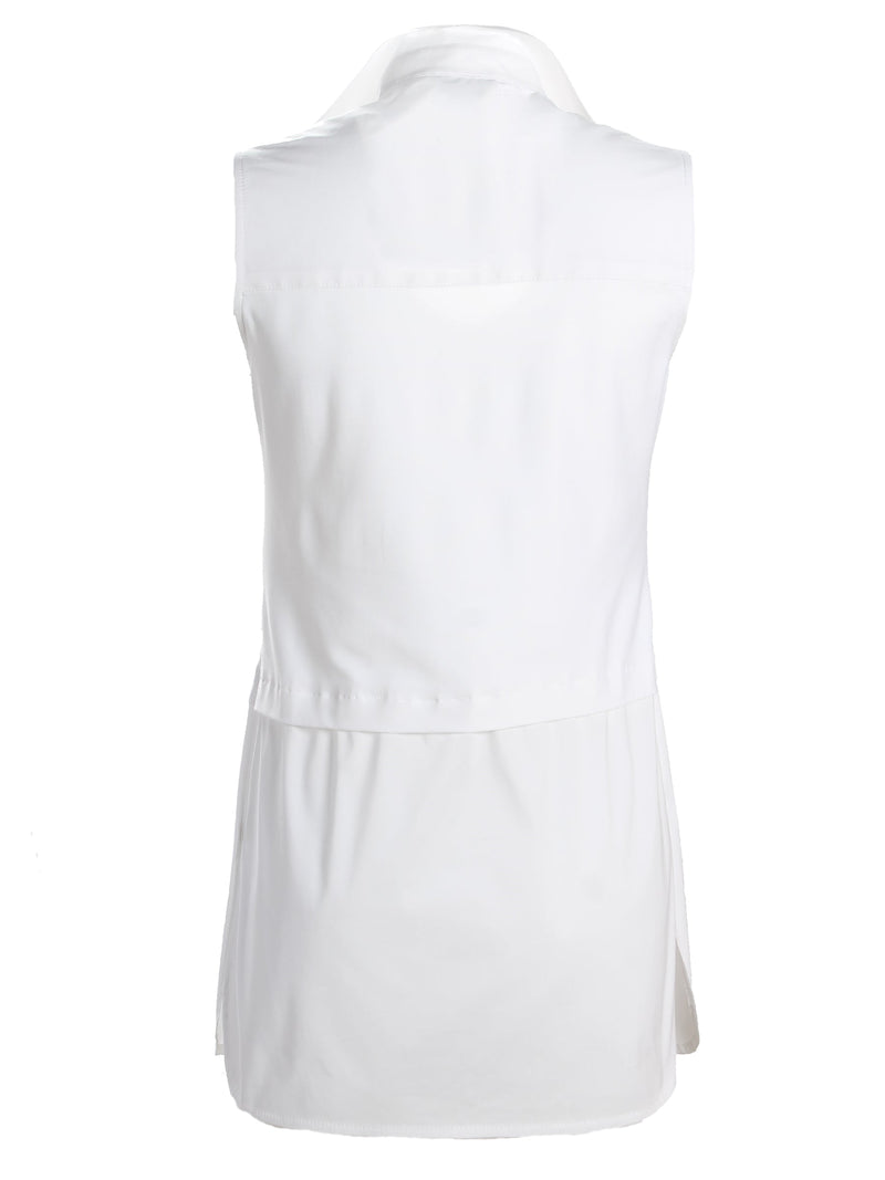 A rear view of the Finley layering tank, a white sleeveless button-down blouse with a shirt tail hem and a knit bodice.