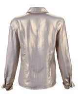 The Finley Lindy blouse, a silver button up front-tie silk/cotton shirt with a semi-fitted shape a faux French cuff.