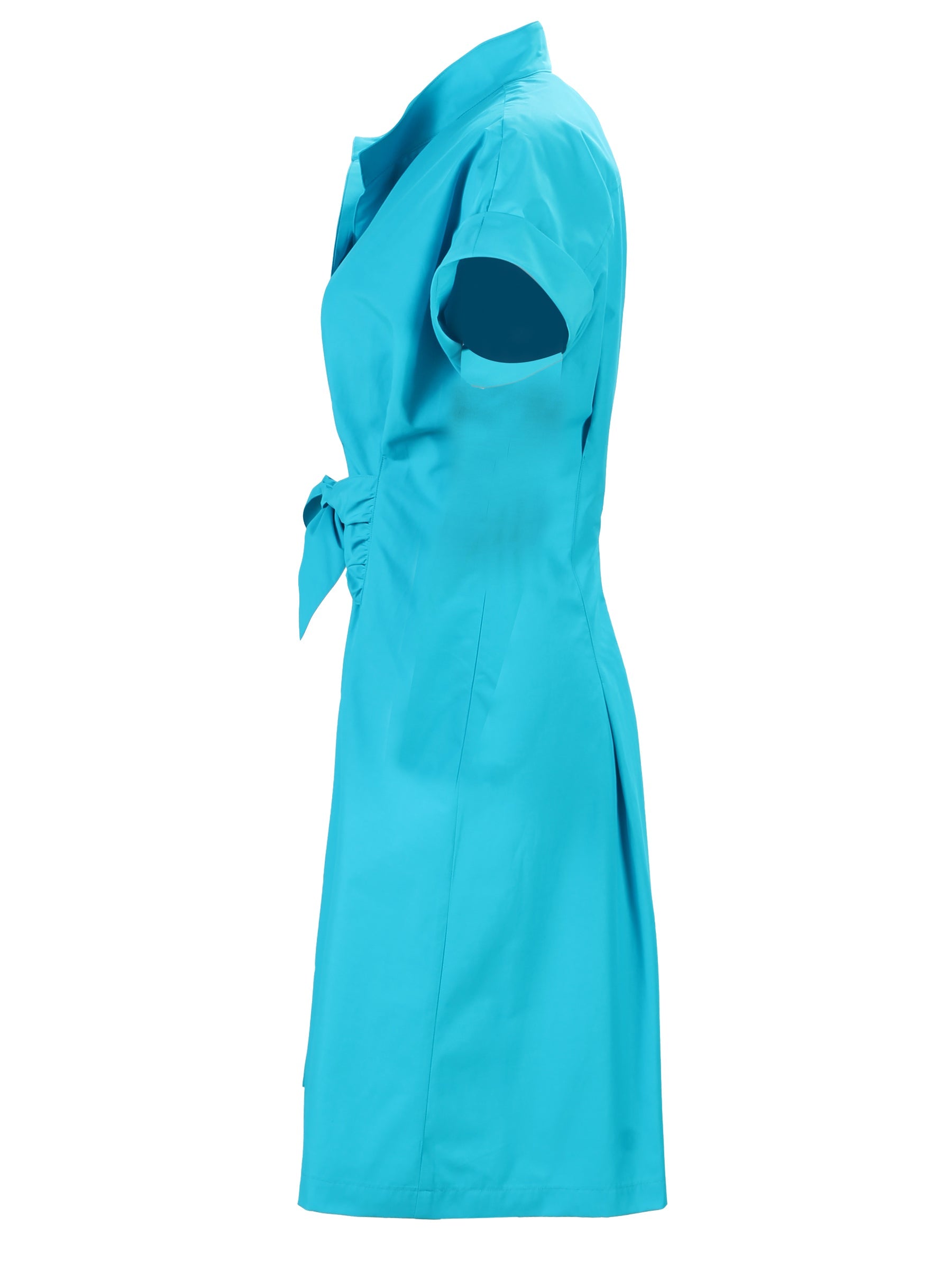 The Finley Rocky dress, a fuchsia pink cotton tie front midi dress with a band collar, hidden buttons, and fitted fit.