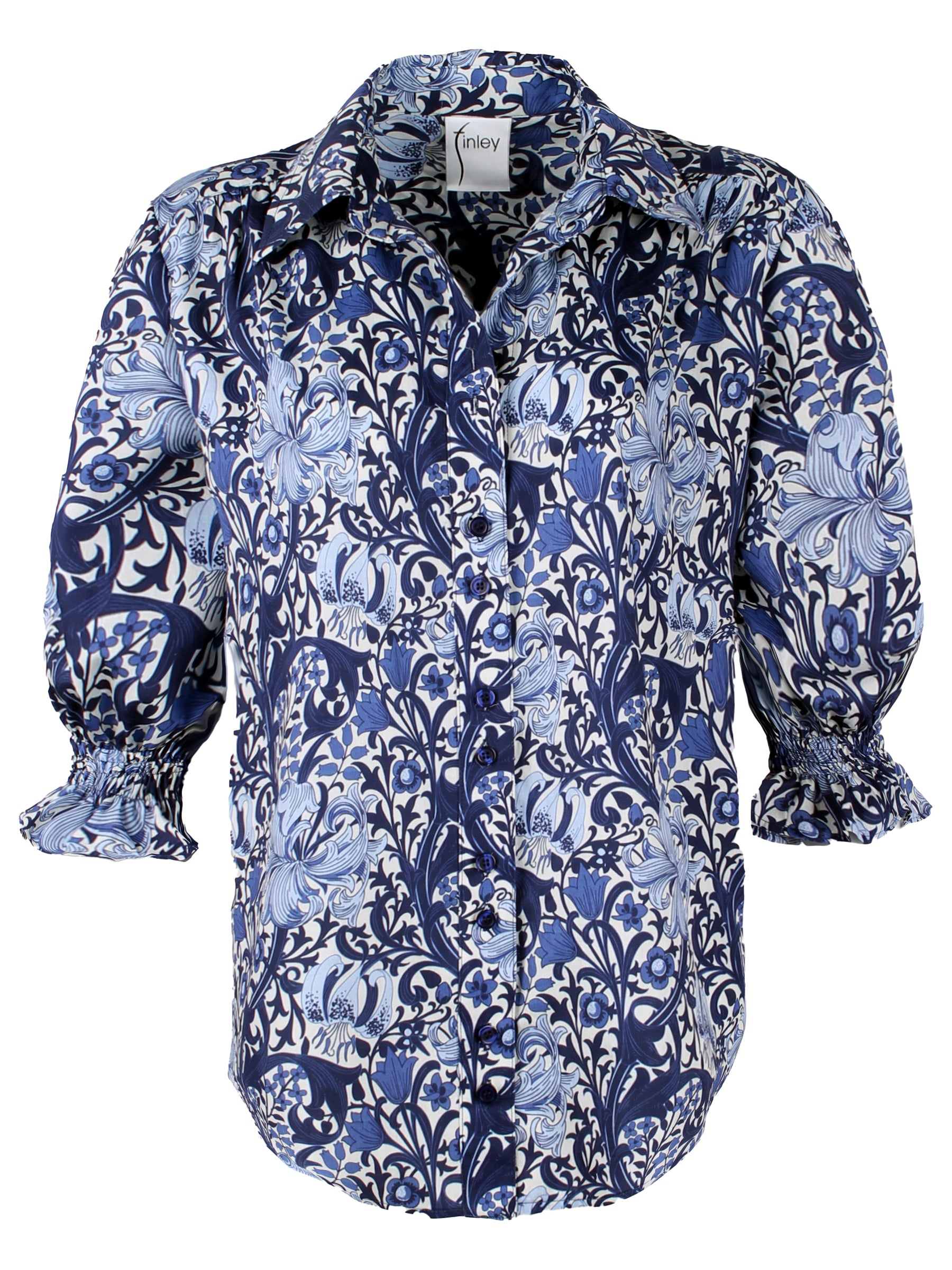 A front view of the Sirena blouse, a button-down shirt with puffed short sleeves and a blue iris floral print.