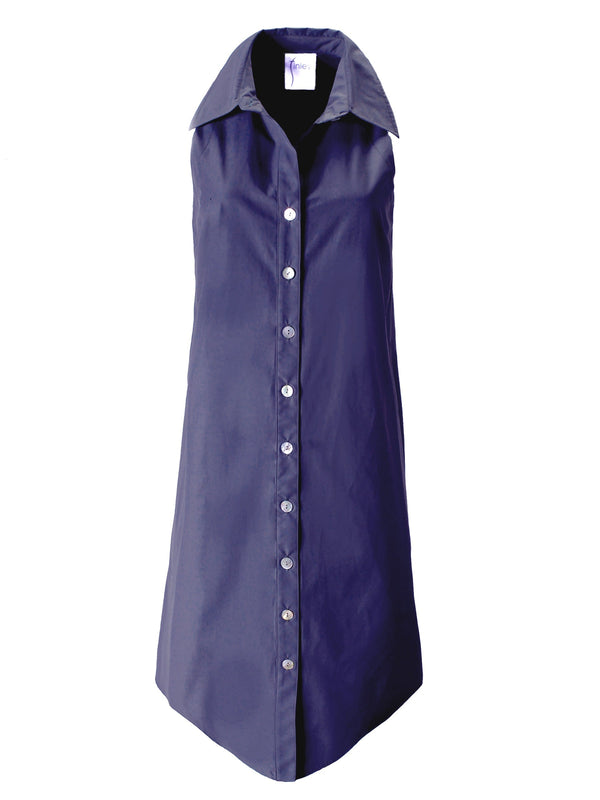 The Finley swing dress, a casual sleeveless poplin button down midi dress (navy).