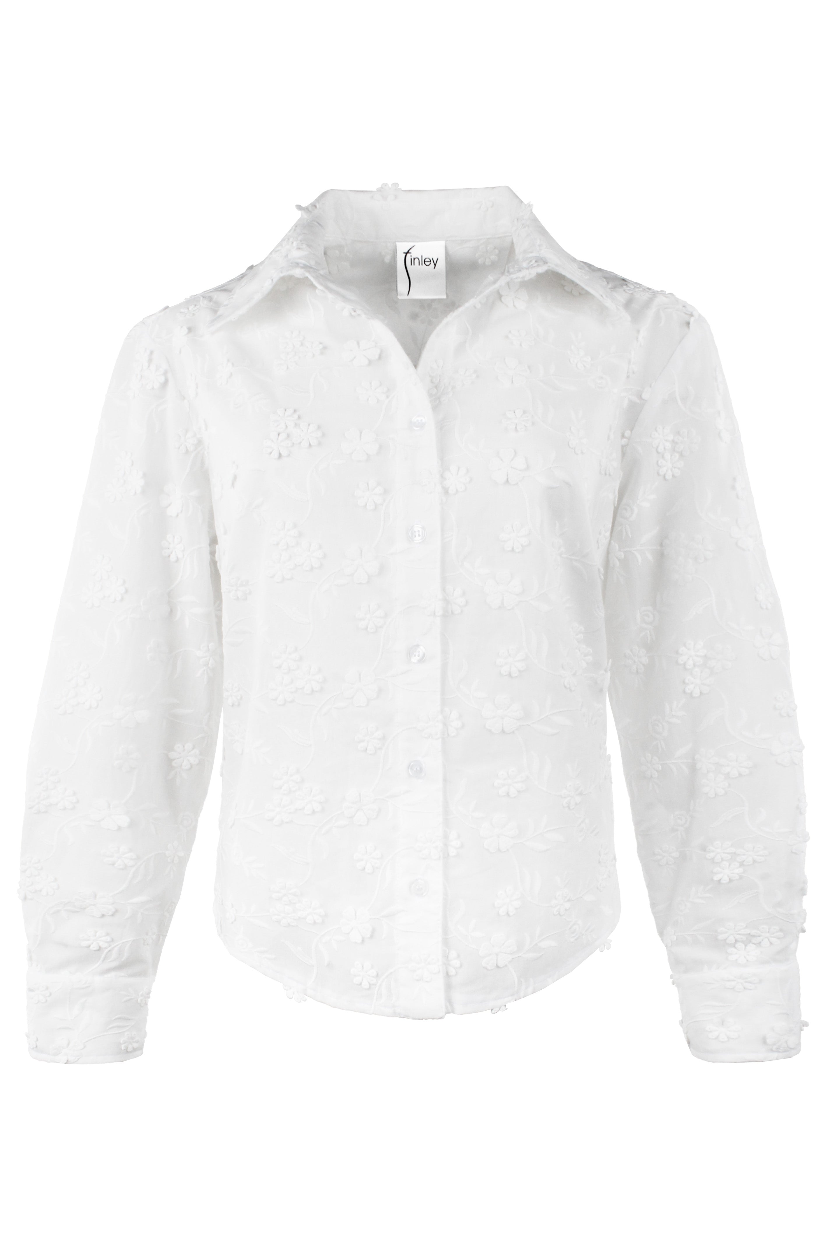 Andie Cropped White Shirt Textured 3D Flowers