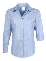 A front view of the Finley Alexa blouse, a sky blue and yellow striped 100% cotton button down women's blouse with a relaxed fit.