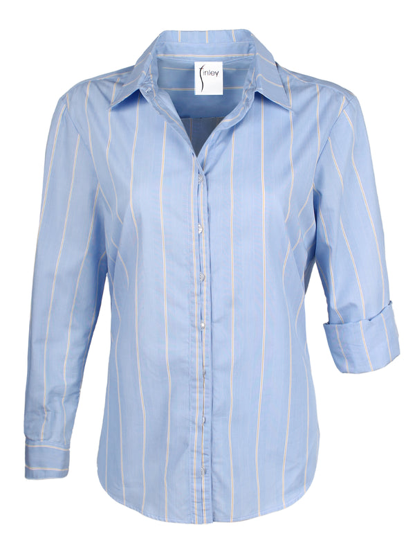 A front view of the Finley Alexa blouse, a sky blue and yellow striped 100% cotton button down women's blouse with a relaxed fit.