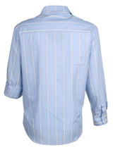A rear view of the Finley Alexa blouse, a sky blue and yellow striped 100% cotton button down women's blouse with a relaxed fit.