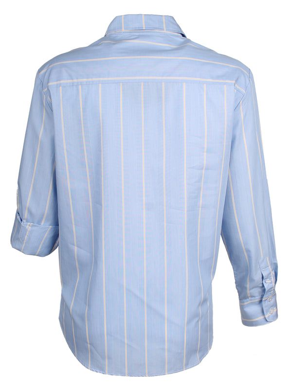 A rear view of the Finley Alexa blouse, a sky blue and yellow striped 100% cotton button down women's blouse with a relaxed fit.