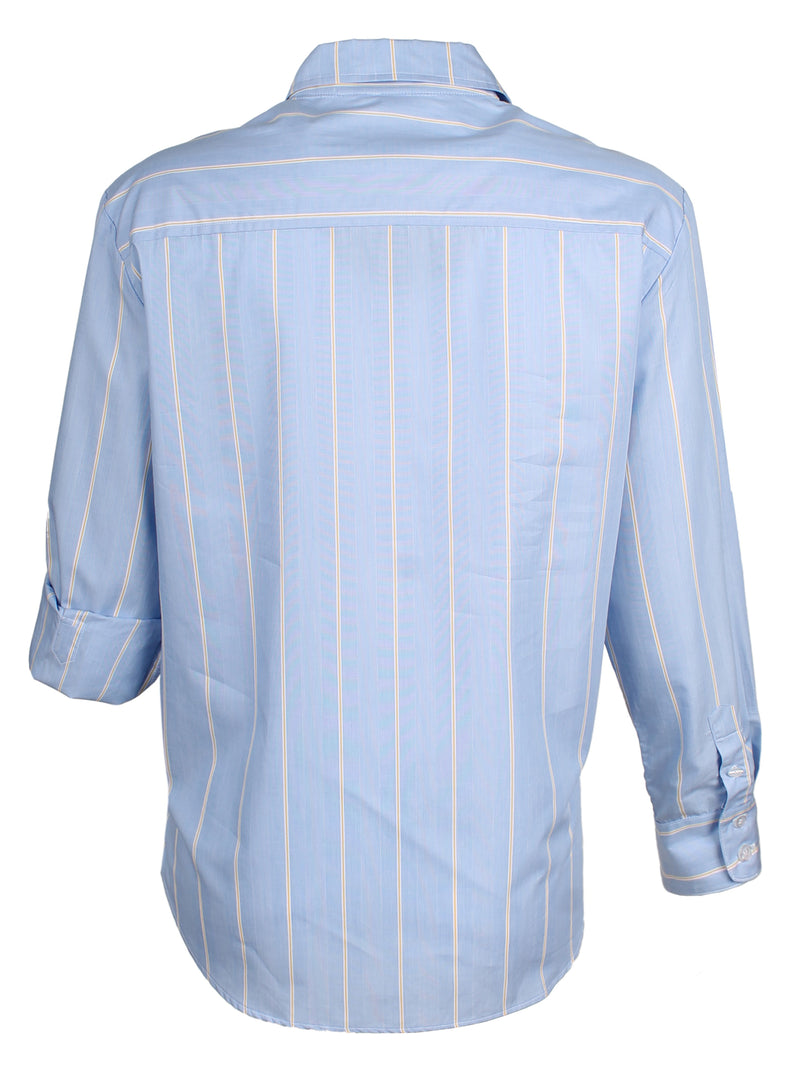 A rear view of the Finley Alexa blouse, a sky blue and yellow striped 100% cotton button down women's blouse with a relaxed fit.