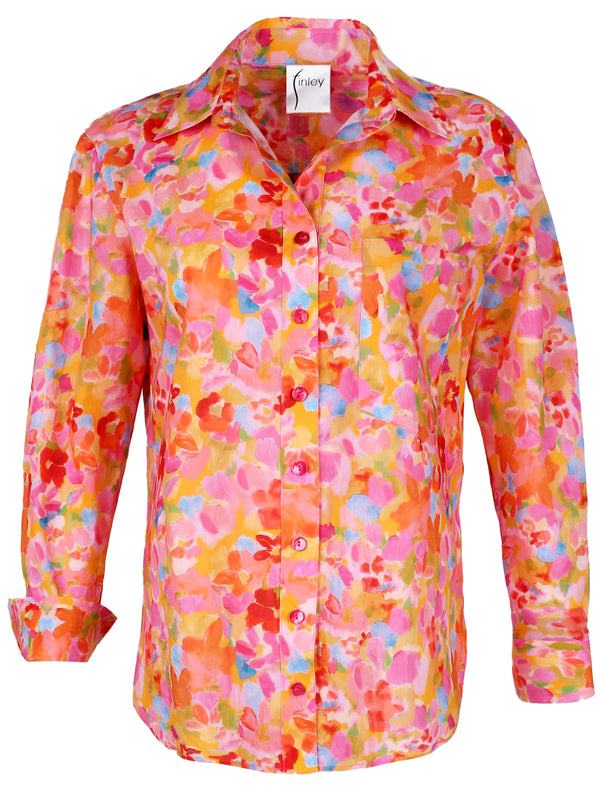 A front view of the Finley Andie blouse, a cotton button down pink and orange floral blouse with a relaxed contour
