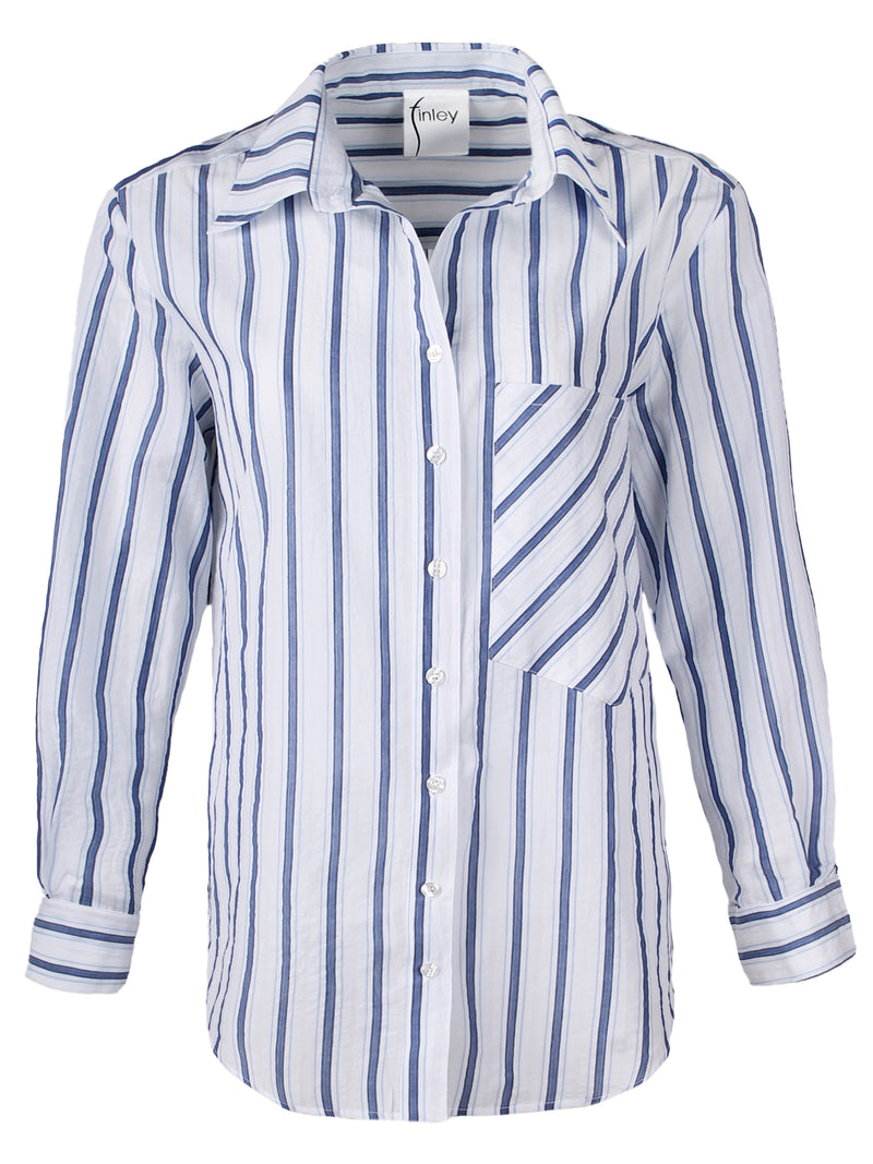 A front view of the Finley Andie blouse, a blue & white striped cotton blouse with a front chest pocket and a relaxed shape.