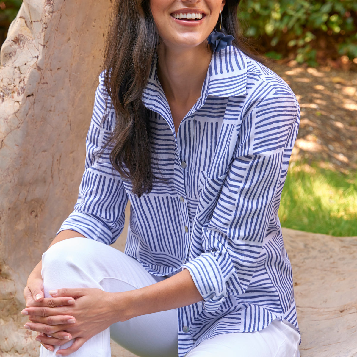 MENDED Andie Button Down Shirt Navy Block Stripe Print Shirt - X Small (0-2) / Blue