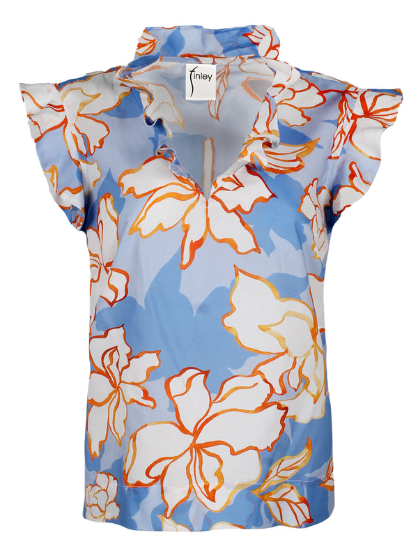 A front view of the Ava blouse, a cotton popover women's blouse with ruffle sleeves, a v-neckline, and an abstract blue floral print.