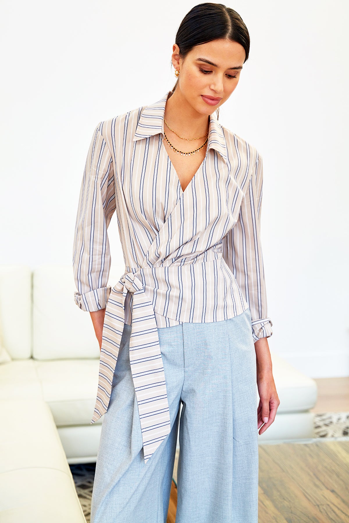 Avalon V-Neck Wrap Shirt, Cafe Au Lait Stripe