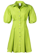 A front view of the Finley Avery, a pleated neon green mini shirt dress with a tucked waist and puff sleeves.