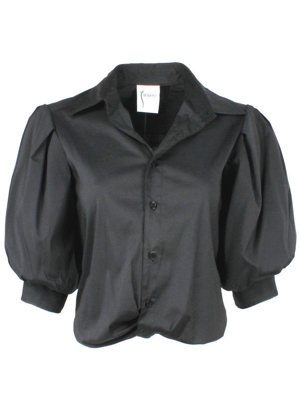 A front view of the Finley Bomba blouse, a black poplin button front top with a front twist hem and elbow blouson sleeves.