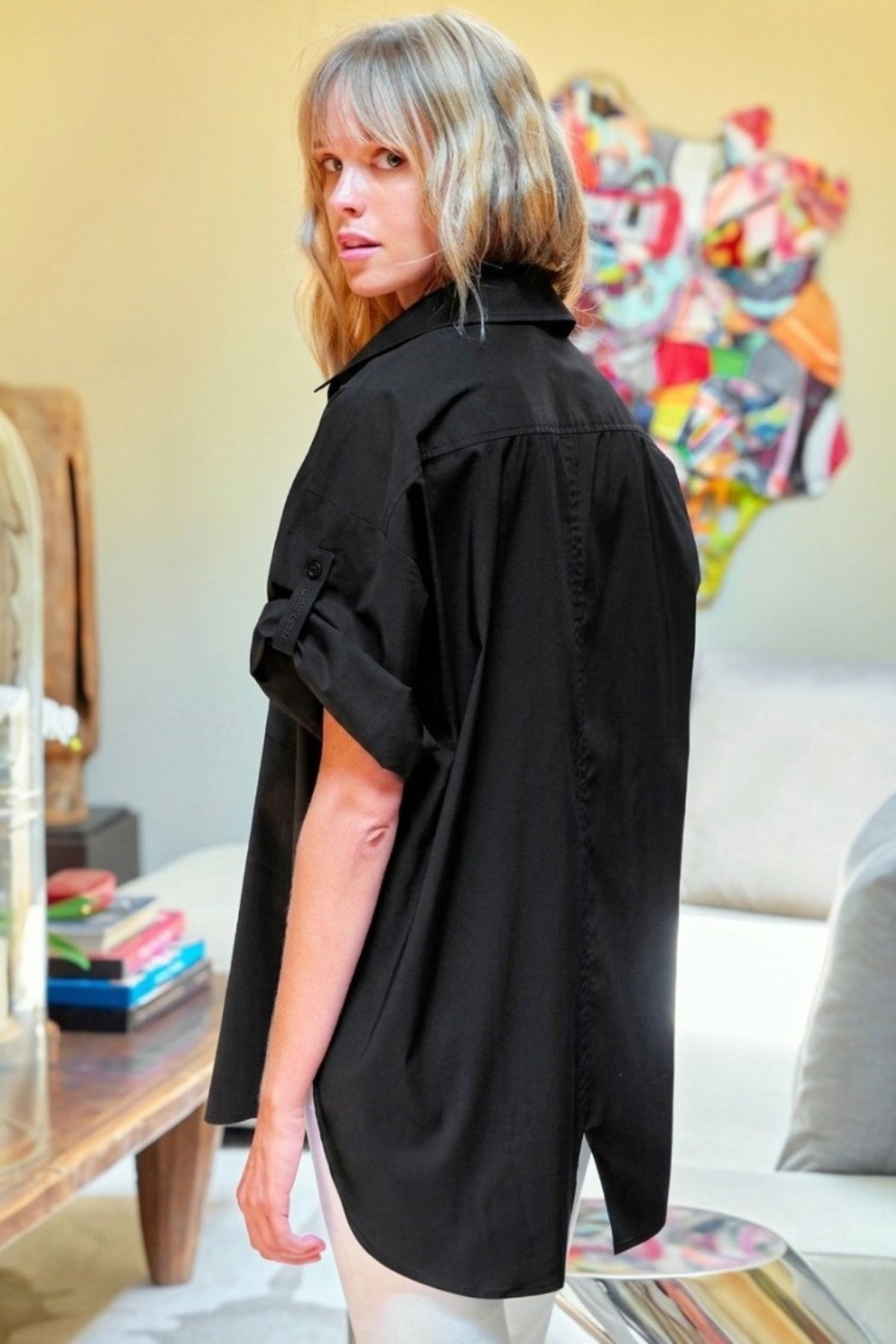 Big Time Oversized Boyfriend Shirt, Black Silky Poplin